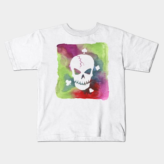 Hand Painted Watercolor Skull Heart Spade Diamond Club Kids T-Shirt by SingeDesigns